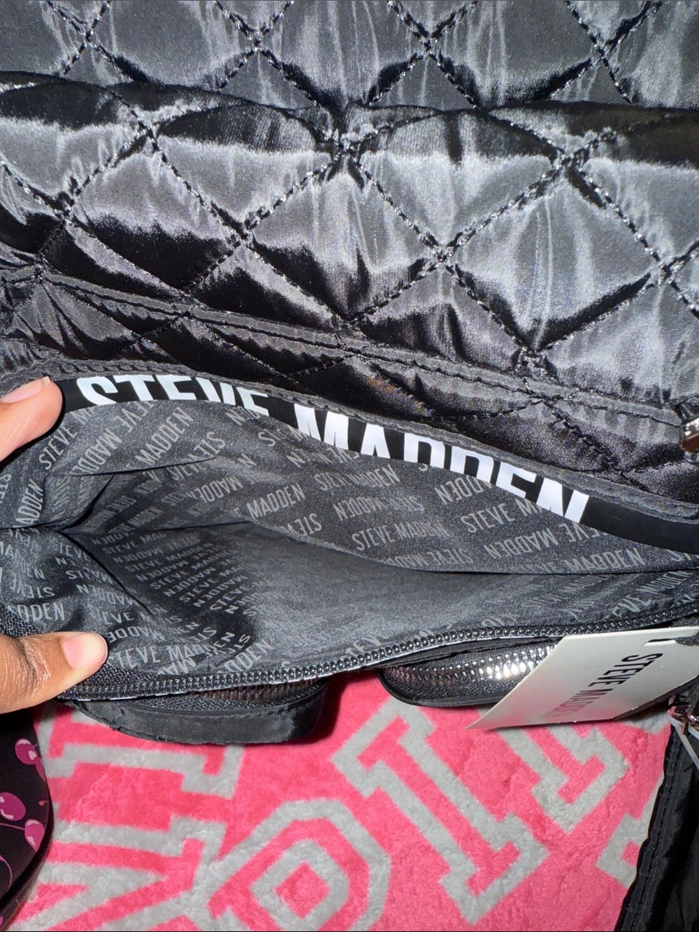 Steve Madden Black Quilted Nylon Tote with Front Pouches/Baby Diaper Bag - Picture 4 of 9